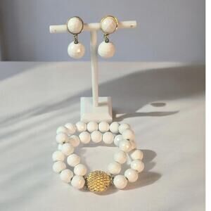 MONET Double Strand White Bead Bracelet & Matching Clipon Earrings Signed
